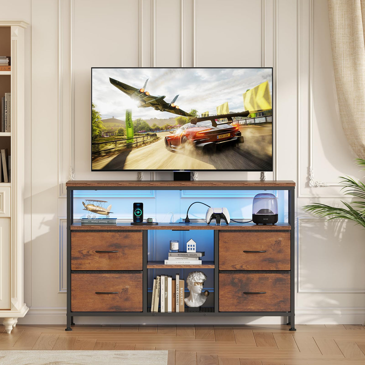 Sweetcrispy TV Stand with LED Lights and Power Outlets for Bedroom