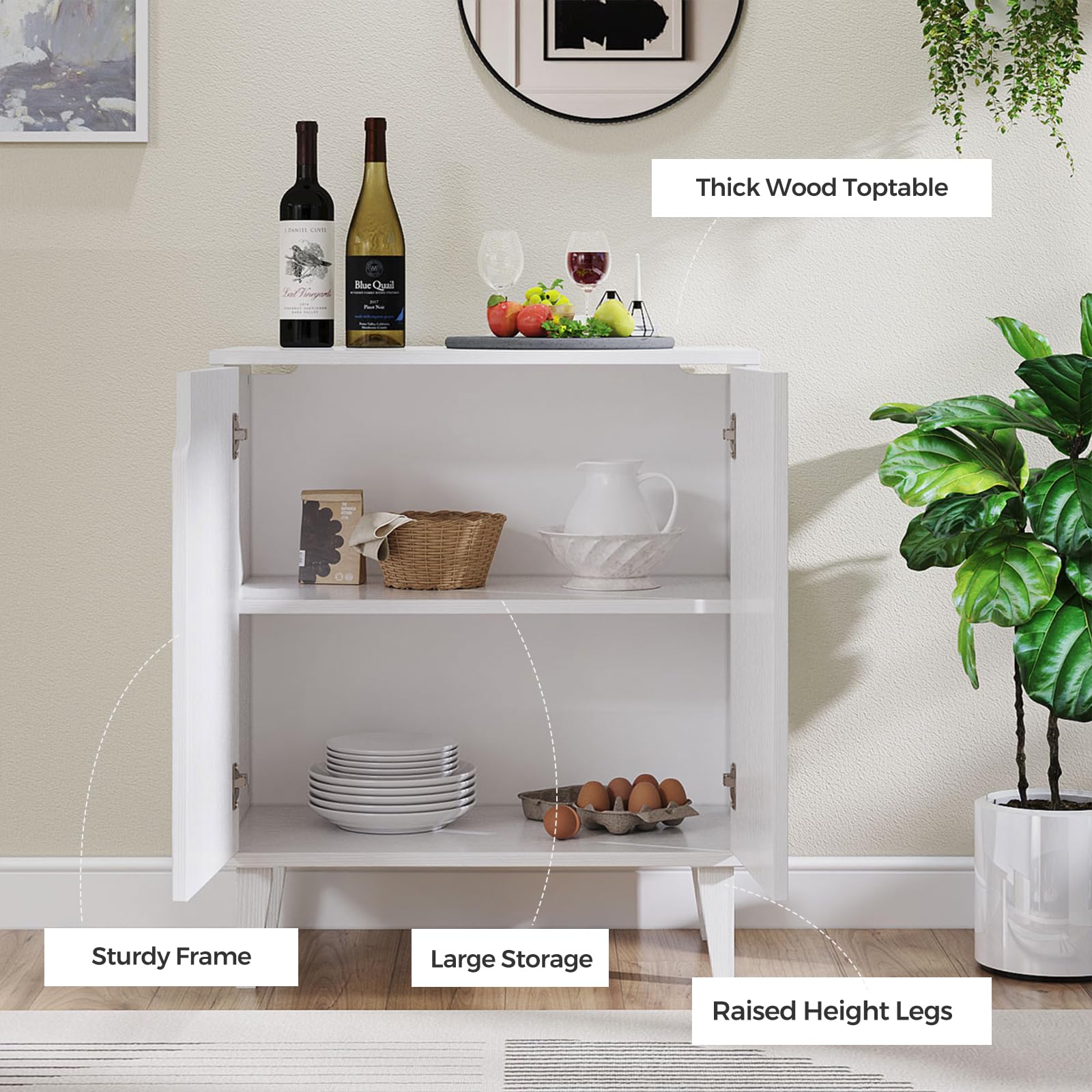 2-Door Storage Cabinet with Soft-Close Doors & Wood Legs