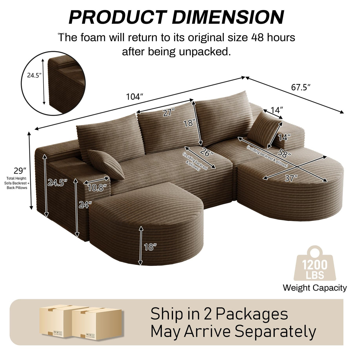 U-Shaped Modular Boneless Sectional Sofa with Curved 2 Ottomans, Dark Brown