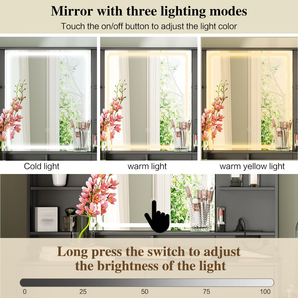 55.91“Makeup Vanity Desk with Mirror and Lights, Vanity Desk with 8 Drawers & Storage Shelves, Vanity Table with Power Outlet, 3 Color Modes & Adjustable Brightness Dressing Table, Bedroom,Black