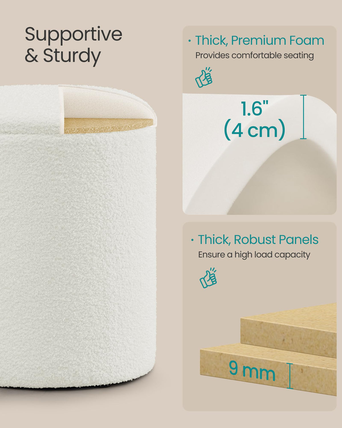 SONGMICS Vanity Stool, Set of 2, Round Storage Ottoman, Teddy Fleece
