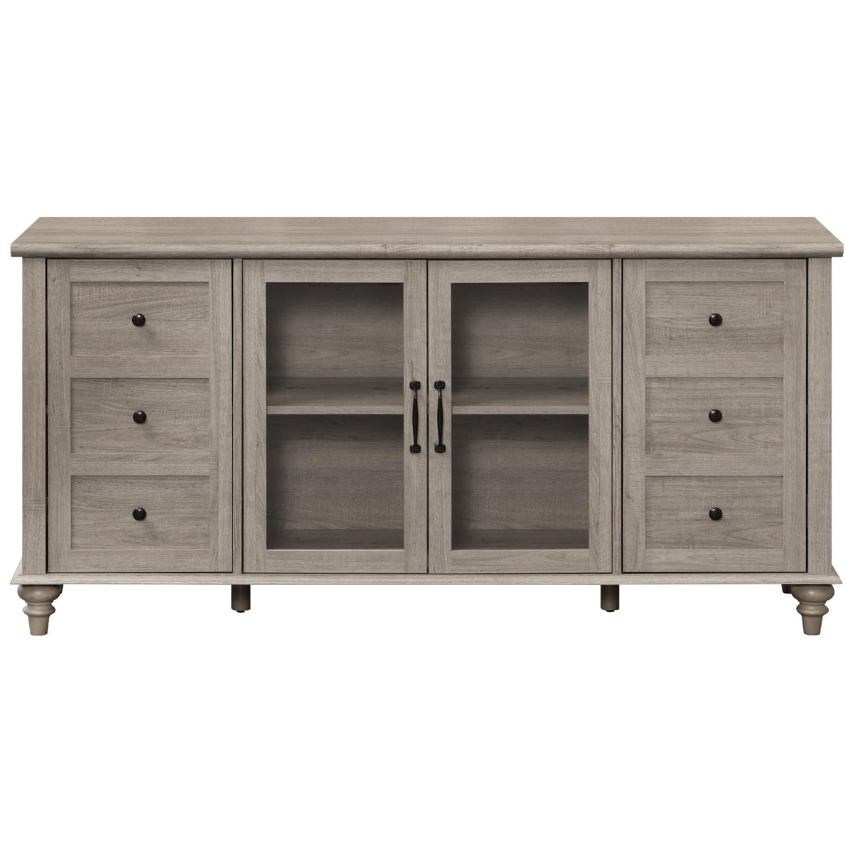 WAMPAT Farmhouse Sideboard Buffet Cabinet with Glass Door & Adjustable Shelf, Wooden Coffee Bar Table with Solid Wood Leg, Kitchen Storage Cabinet for Dining Room, Grey, 58 Inch