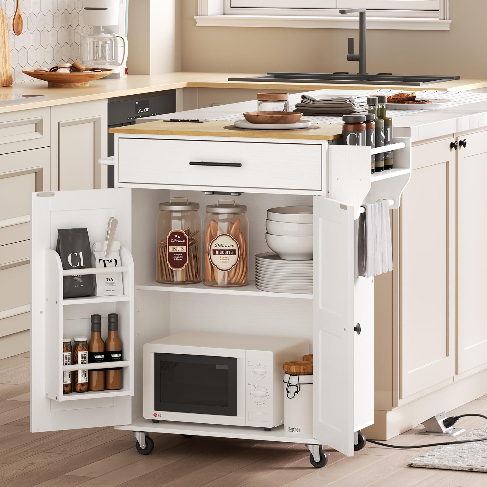 HOOBRO Kitchen Island with Power Outlet, Rolling Kitchen Island with Large Worktop, Kitchen Island Cart with Spice Rack and Drawer, Island Table for Dining Room, White and Natural WN88UZD01