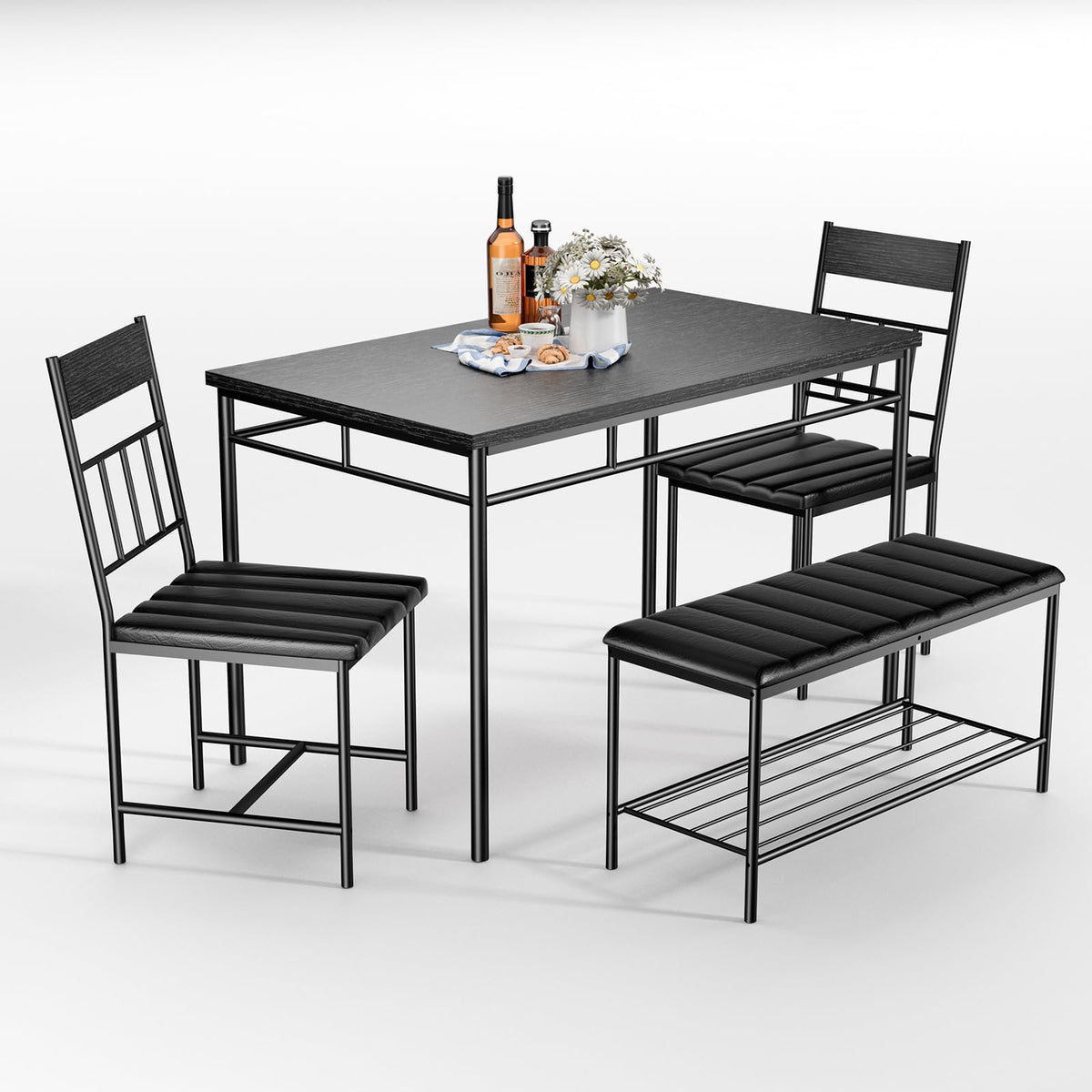 IDEALHOUSE 4-Piece Modern Dining Table Set, Kitchen Table with Upholstered Chairs and Bench, Kitchen Table Set for Small Space, Apartment, Home, Studio