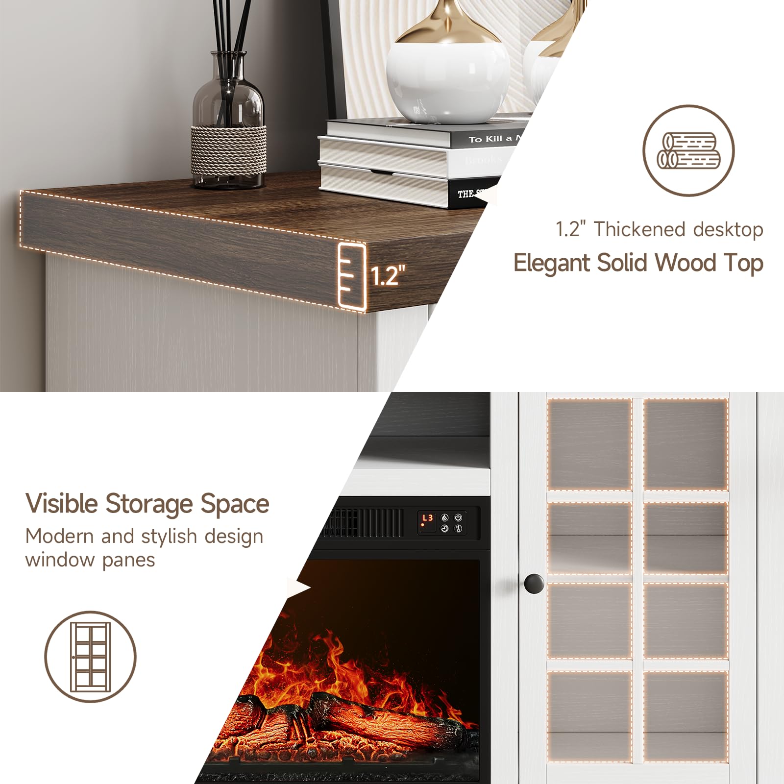 59" Fireplace TV Stand with Electric Fireplace & Glass Doors