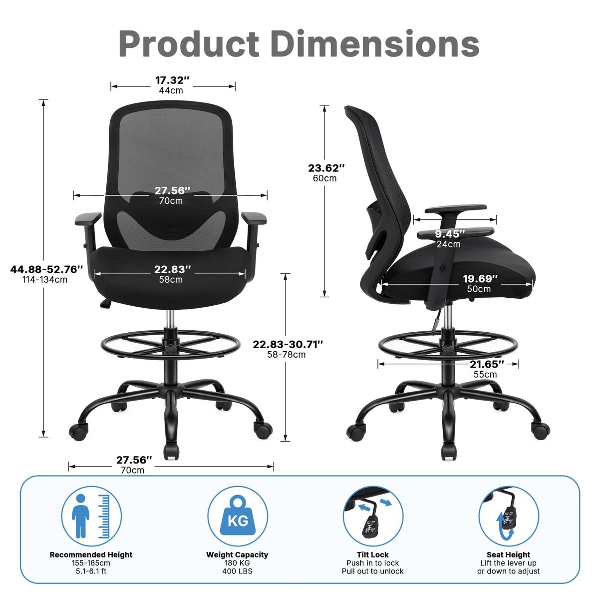 Big and Tall Drafting Chair, 400lbs Heavy Duty Chair for Standing Desk