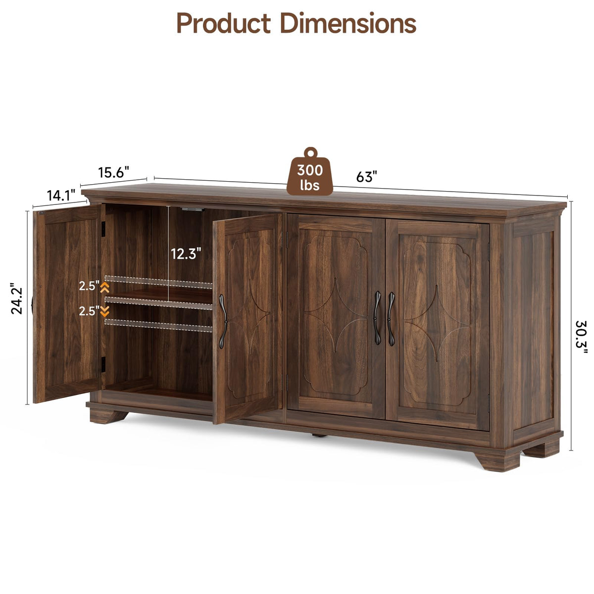 ONBRILL 63 Inch Buffet Cabinet with Storage, 4 Carved Doors, Brown