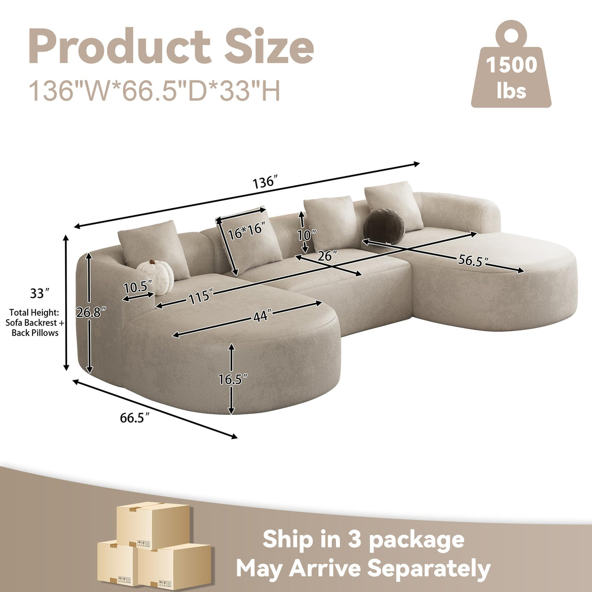 ONEMMLION 136" Oversized Boneless U-Shaped Sectional Sofa, Light Brown