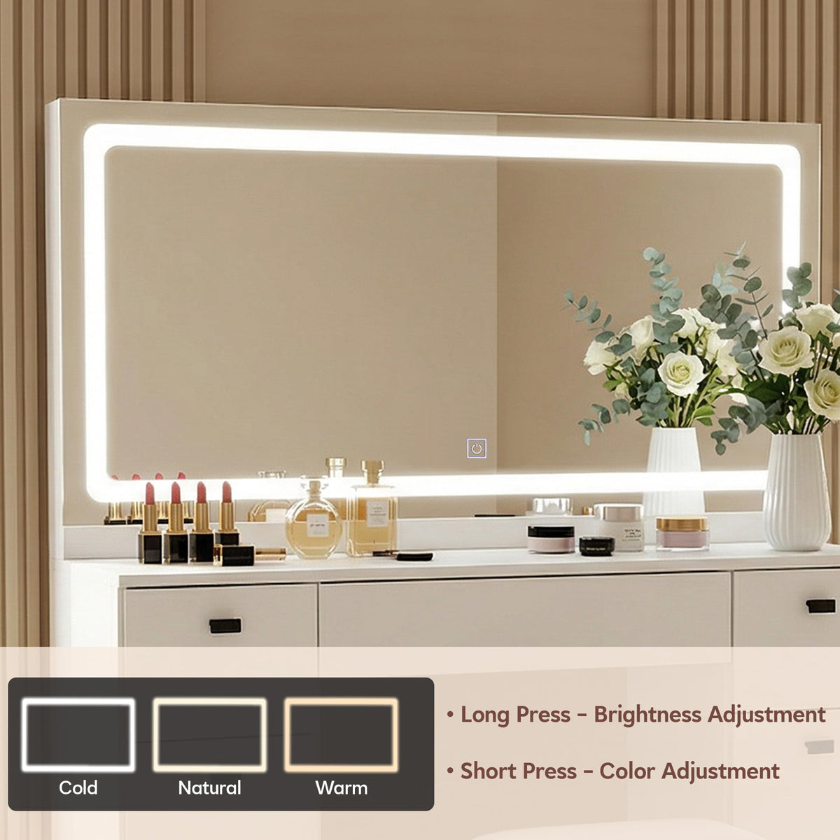 TUKAILAi 46.1" Large Vanity Desk with Mirror and LED Lights,7 Drawers & Power Outlet, White Modern Makeup Vanity Desk with PU Cushion Stool, Touch Control 3 Color Modes Dressing Table Set for Bedroom
