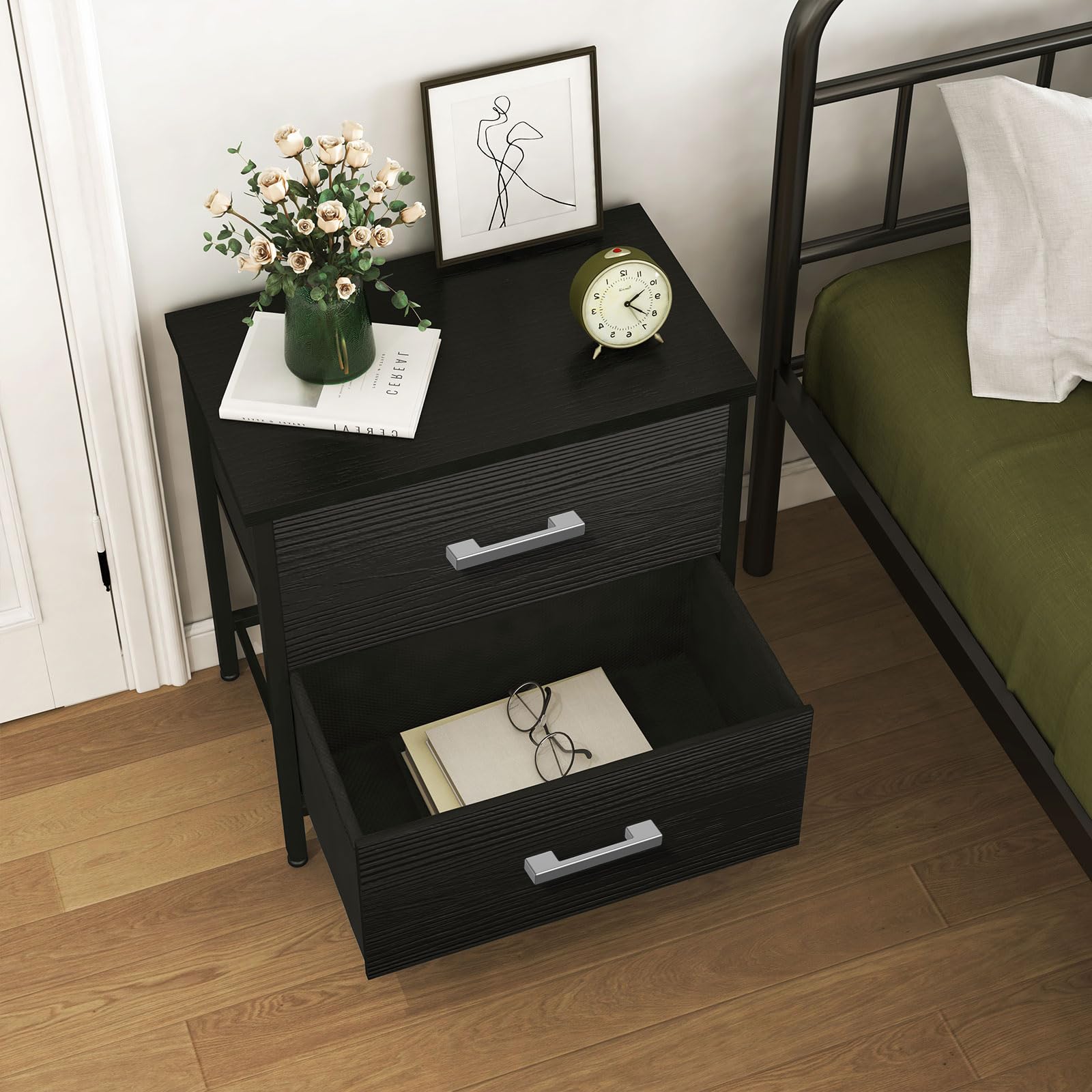 KAI-ROAD Bedroom Sets Nightstand Set 3 Piece Black with 6 Fabric Drawers Modern
