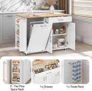 LotaTools 53.9" Rolling Kitchen Island Cart with Drop Leaf & Storage - Mobile Kitchen Organizer with Wheels, Rubberwood Top, Trash Bin Cabinet & Towel Rack, White Farmhouse Style for Small Spaces