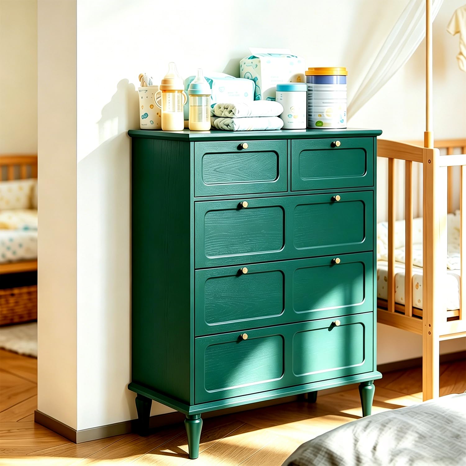 ARTPOWER 5 Drawer Dresser for Bedroom, Tall Dressers & Chests of Drawers with Solid Wood Legs and Brass Handles, Vertical Storage Organizer for Living Rooms, Hallway, Entryways, Offices, Green