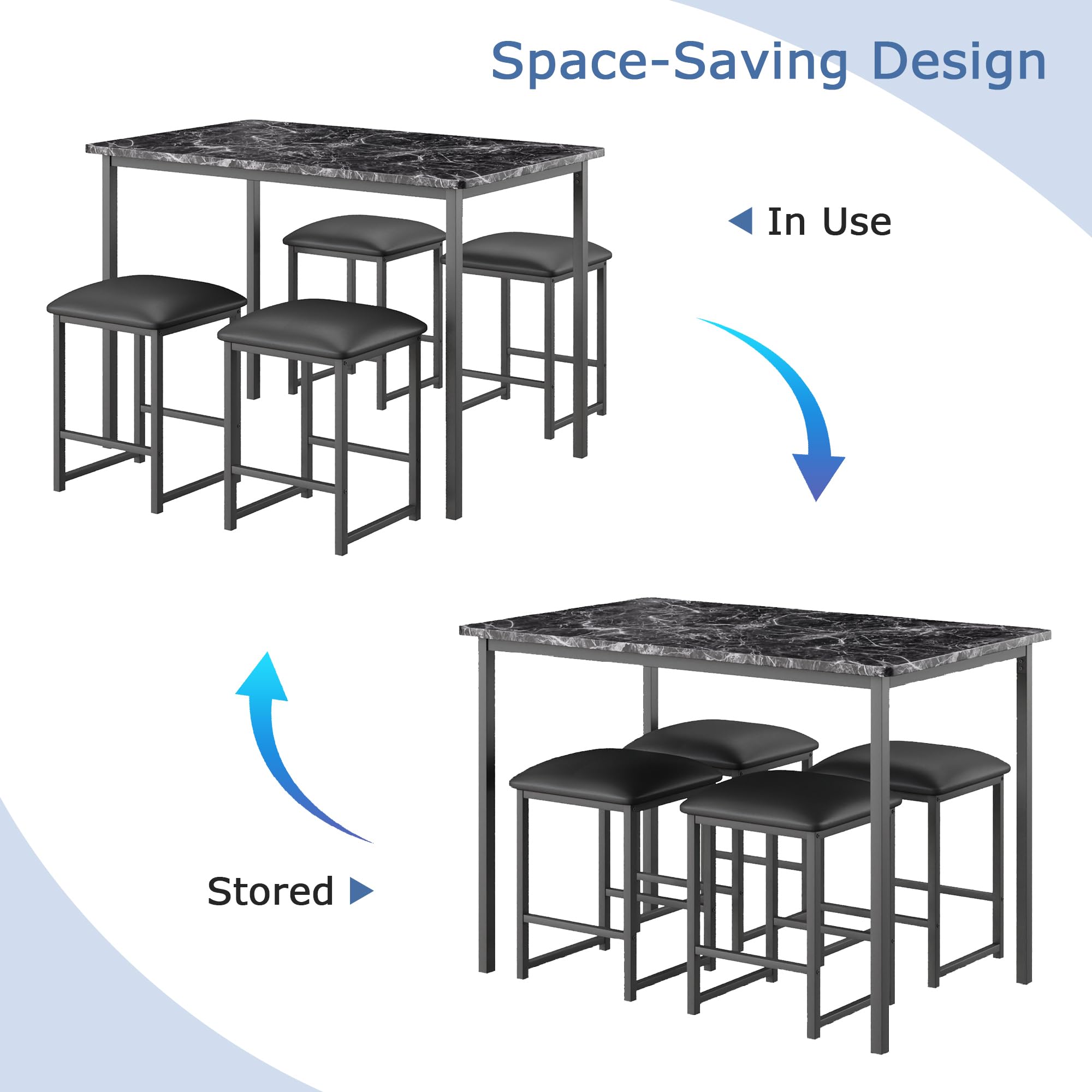 5-Piece Faux Marble Dining Table Set with 4 PU Stools
