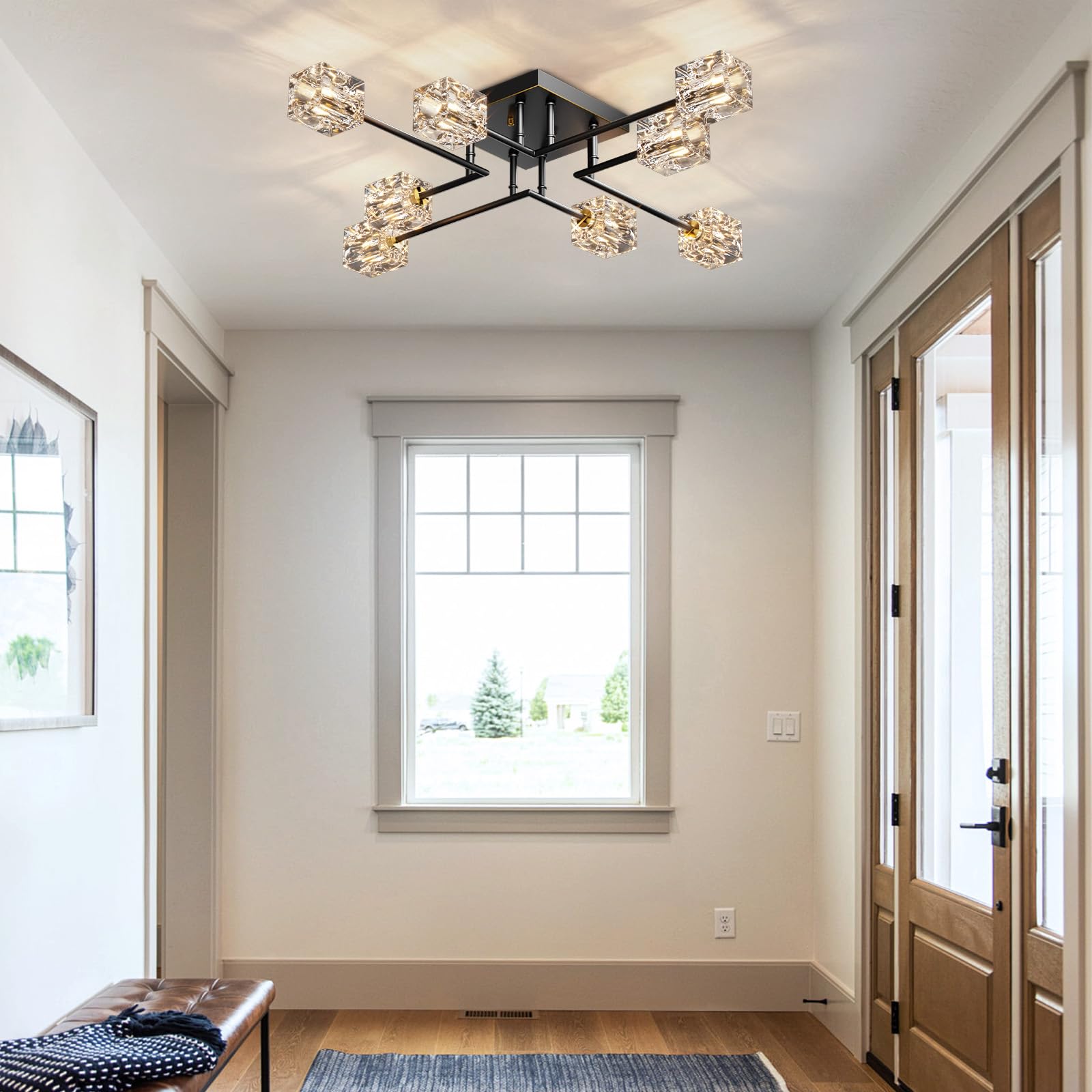 Modern Sputnik Crystal Semi Flush Mount Ceiling Light, 8-Light Black and Gold Crystal Ceiling Fixture for Dining Room, Living Room, Kitchen Island, Bedroom，Entryway