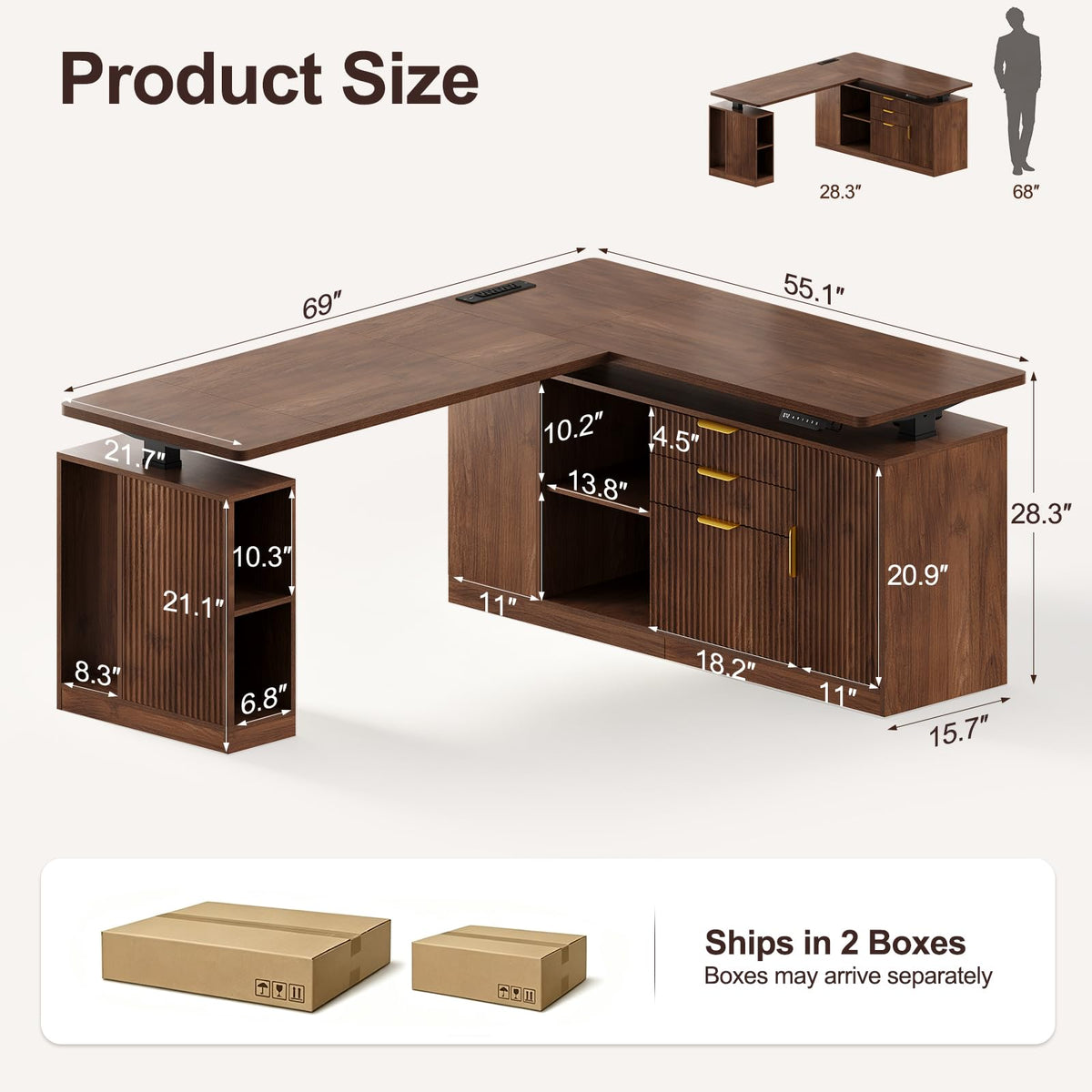 Curlaky L Shaped Electric Standing Desk - Fluted 69" Executive Desk