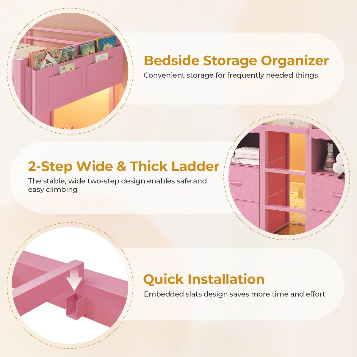 ADORNEVE Low Loft Bed Twin Size with 8 Storage Drawers for Kids, Pink