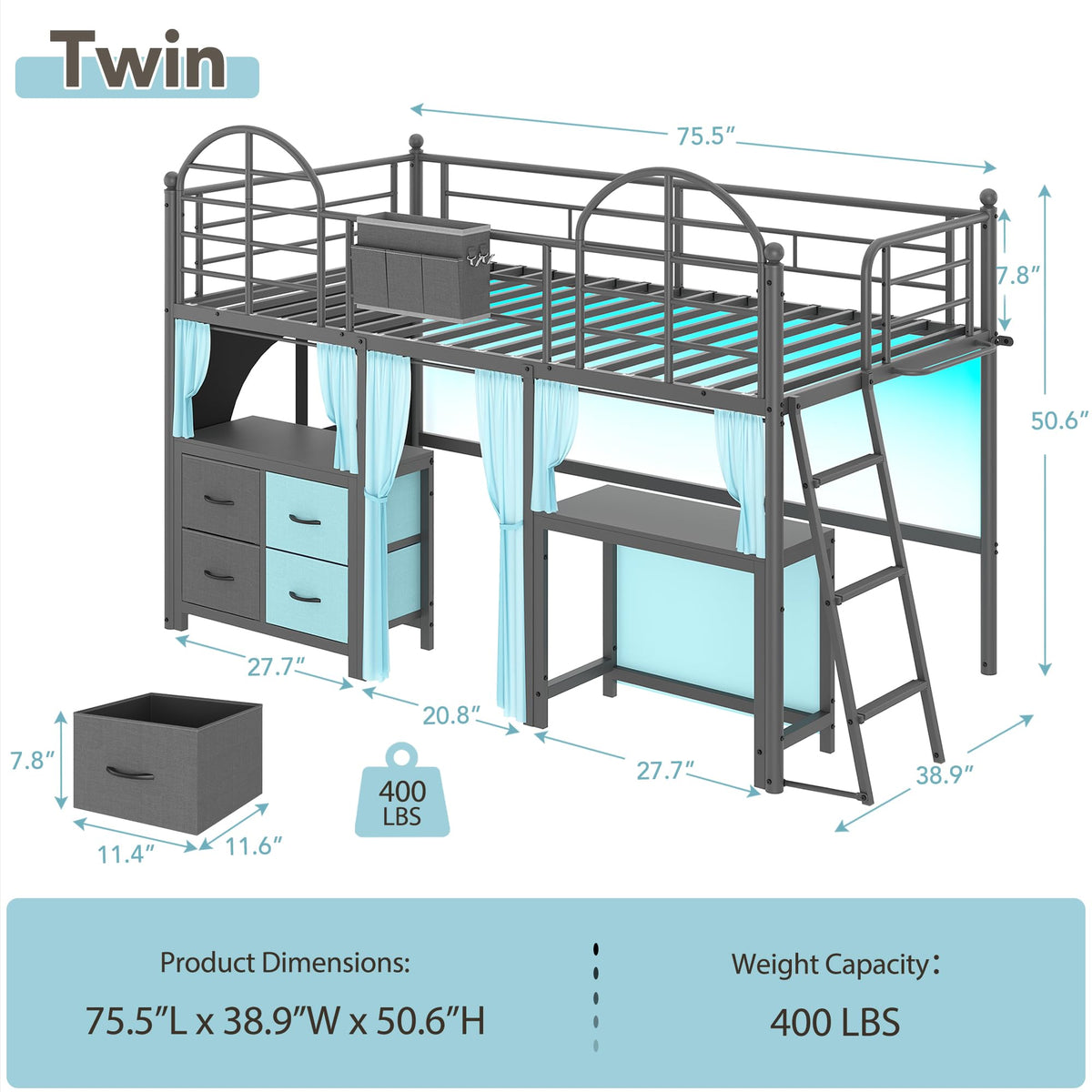 Twin Low Loft Bed with Desk & Storage
