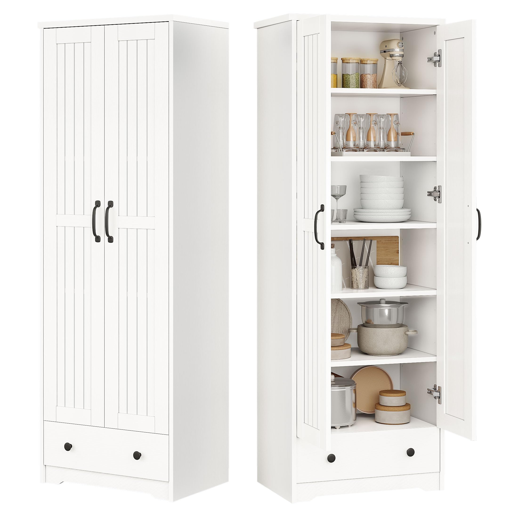 Decofy 70" Tall Storage Cabinets, Large Wood Storage Pantry Cabinet with 6 Adjustable Shelves, 2 Striped Doors & Drawer, Standing Utility Cabinet for Kitchen, Bathroom, Dining Room, Antique (White)