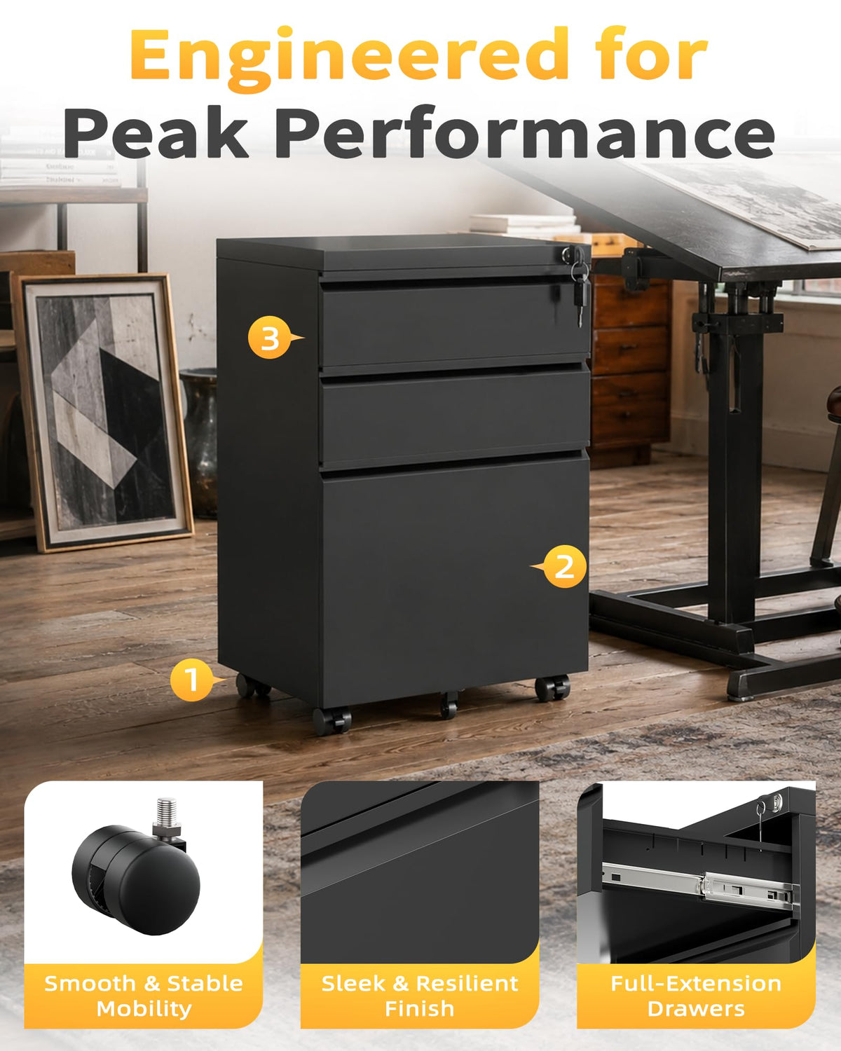 3-Drawer Locking Mobile File Cabinet