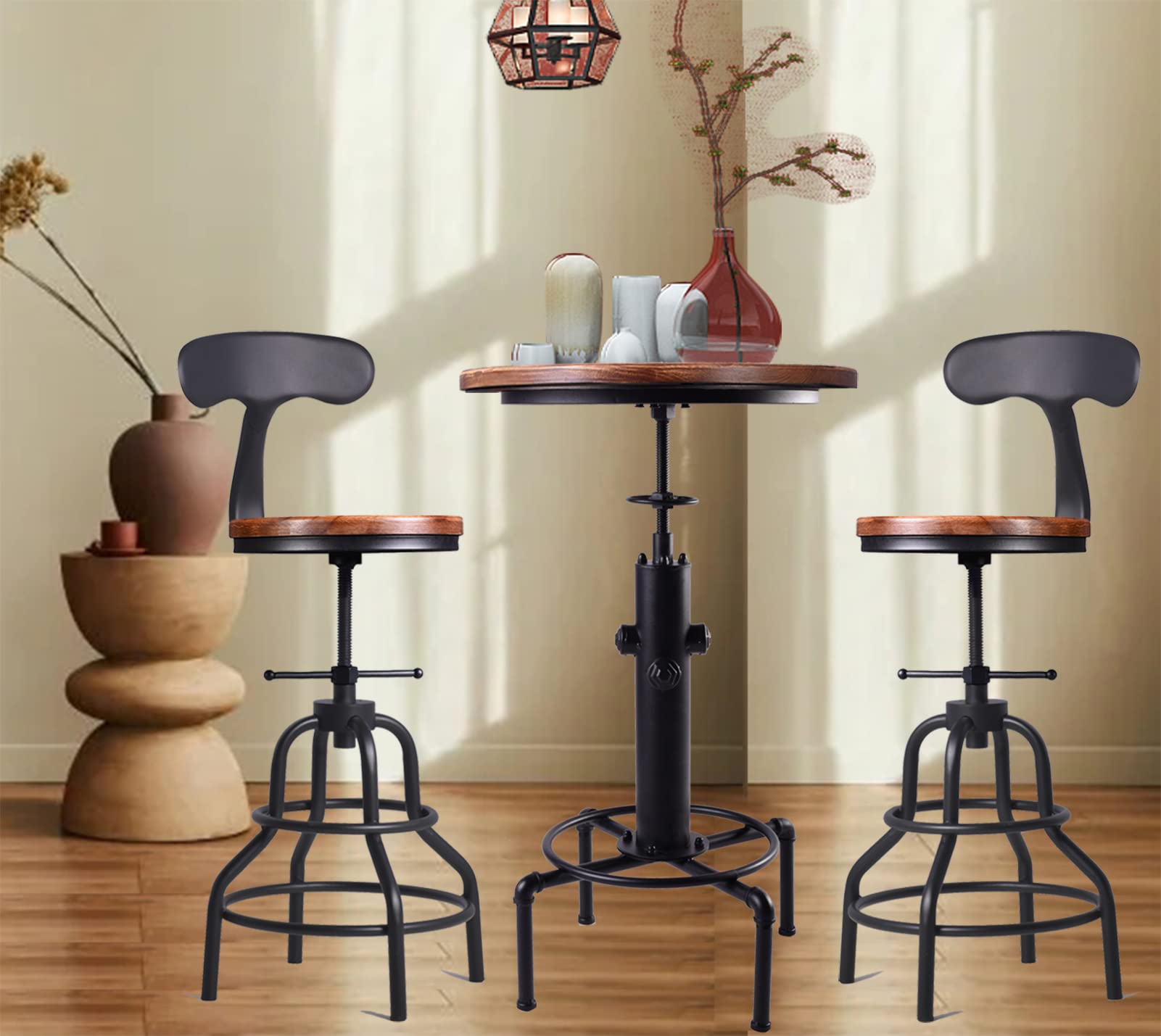3-Piece Fire Hydrant Table & Chair Sets for Pub Bar Party Bistro Cafe Cocktail, Weld Metal Legs Round Wood Top, Rustic Brown Industrial Black Adjustable Swivel (1×32.3"-36.2" Table, 2×20"-27" Stool)
