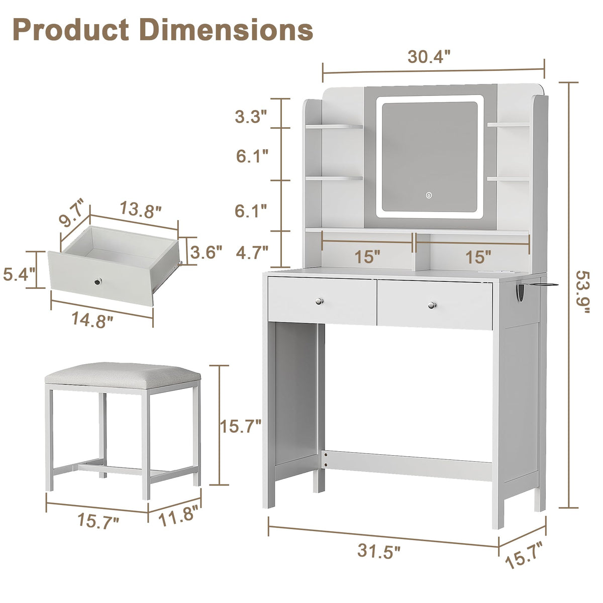 Makeup Vanity with LED Mirror and Stool