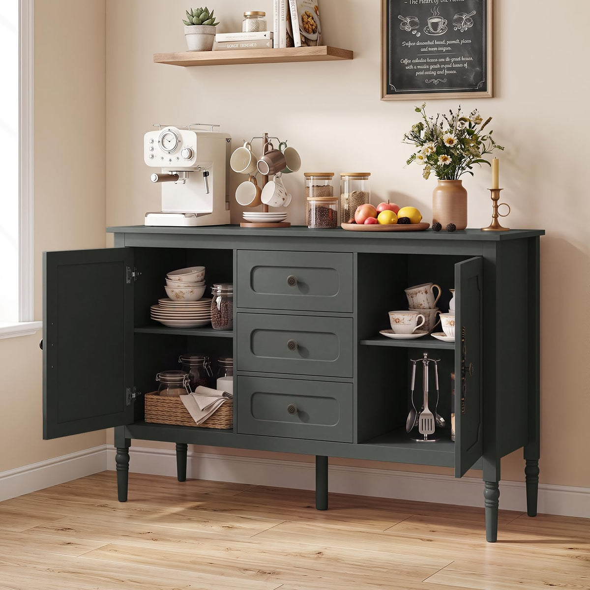 SILKYDRY Buffet Cabinet, 47" Vintage Sideboard w/Adjustable Shelves(Green)