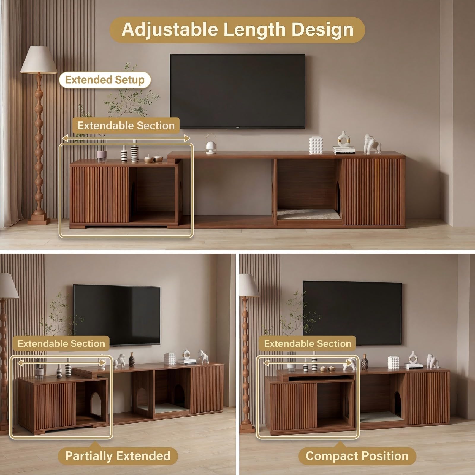 VELTENOVAIRE Extendable TV Stand with Cat House & Built-in Scratcher, Mid-Century Modern Wood Media Console for TVs up to 85+ Inches, Fluted Doors & Hidden Storage for Living Room, Walnut