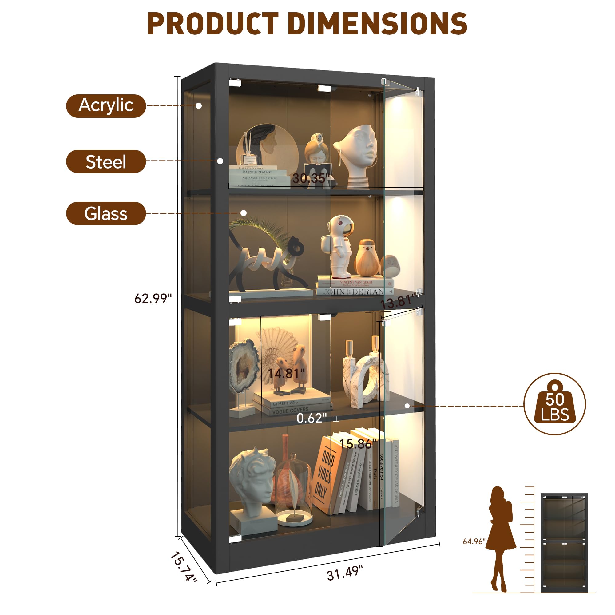 4-Tier Glass Display Cabinet with LED Lights