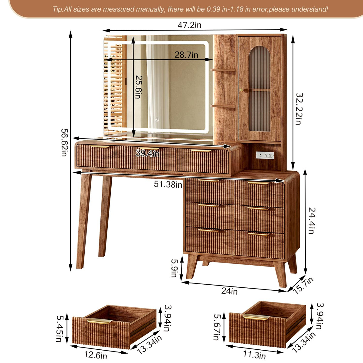 Glass Top Makeup Vanity with 3-Color LED Lighted Mirror & Power Strip, Large Vanity Table with 9 Drawers, Enclosed Cabinet & 2-Tier Open Shelves, Wooden Legs Bedroom Dressing Table, 51.38"W, Brown