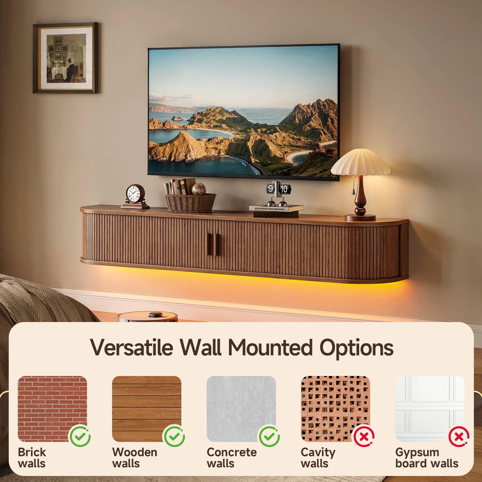 63" Floating TV Stand with Power Outlet for TVs up to 75", Fluted Entertainment Center with Remote Control for LED Lights, Mid-Century Modern TV Console w/Sliding Door for Living Room, Bedroom Walnut