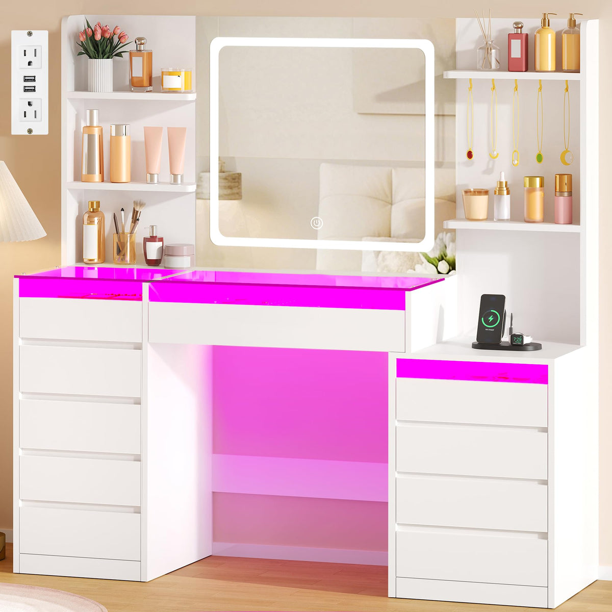 White Glass-Top Vanity with LED Mirror
