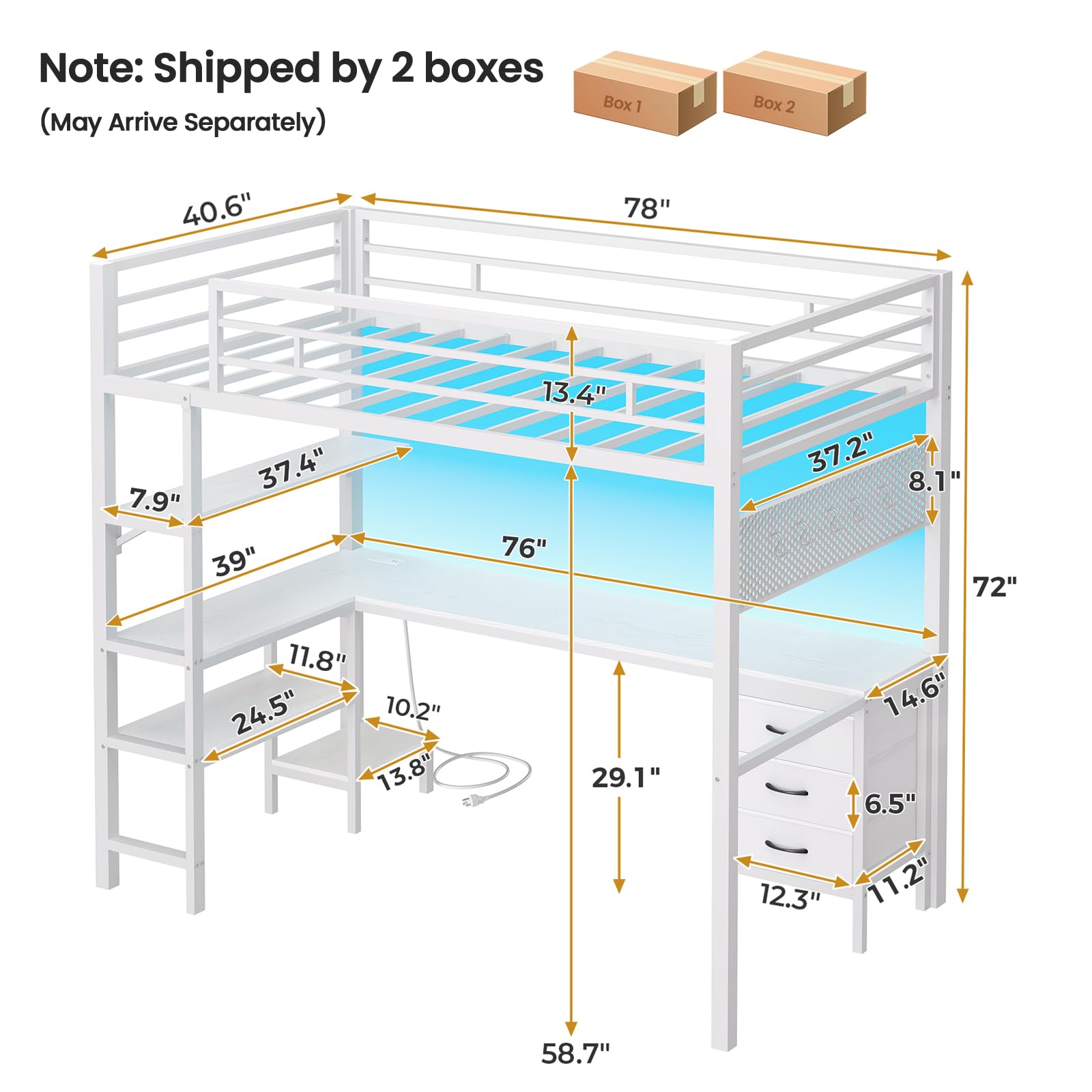 ADORNEVE Loft Bed Twin Size with L-Shaped Desk, LED Lights,Charging Station,Twin Metal Loft Bed with Desk, Fabric Drawers & Shelves, 13.4" H Safety Guard, No Box Spring Needed,White