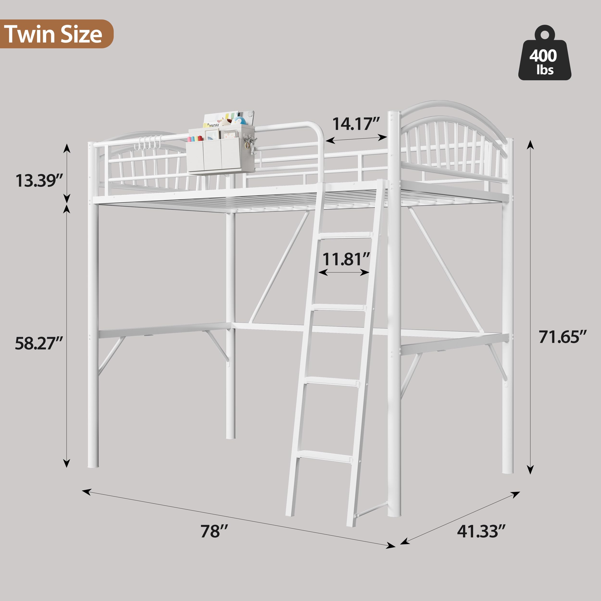 Twin Metal Loft Bed with Convertible Ladder