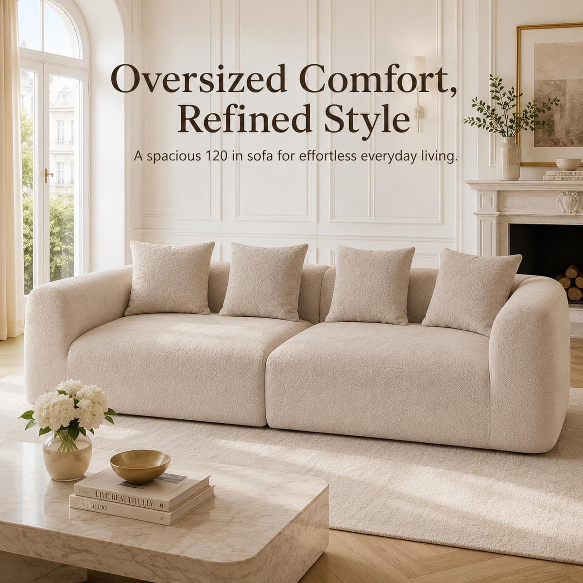 120" Curved Sofa Sectional Modern Boneless Cloud Couch, Light Brown