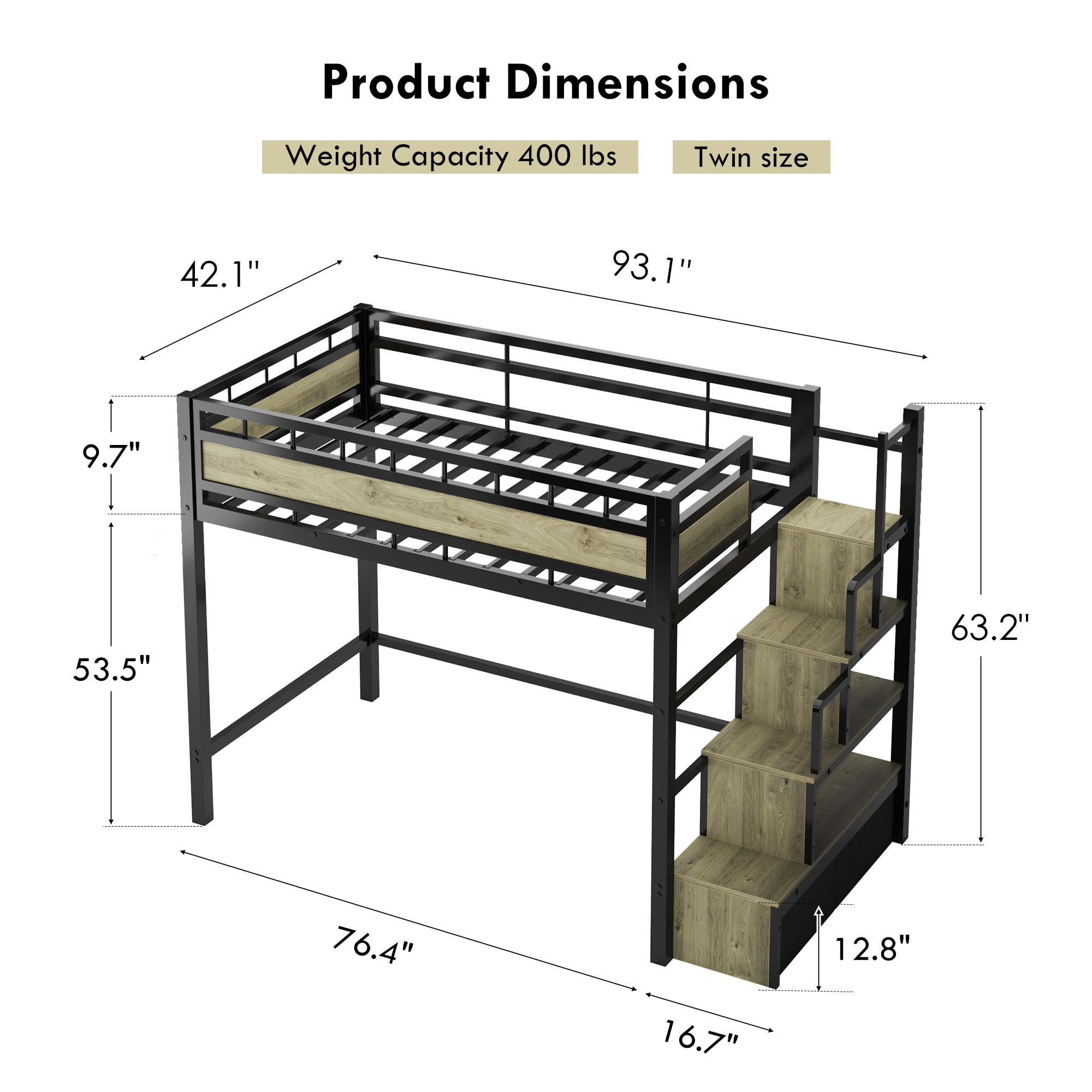 Twin Metal Loft Bed with Stairs & Storage Drawers