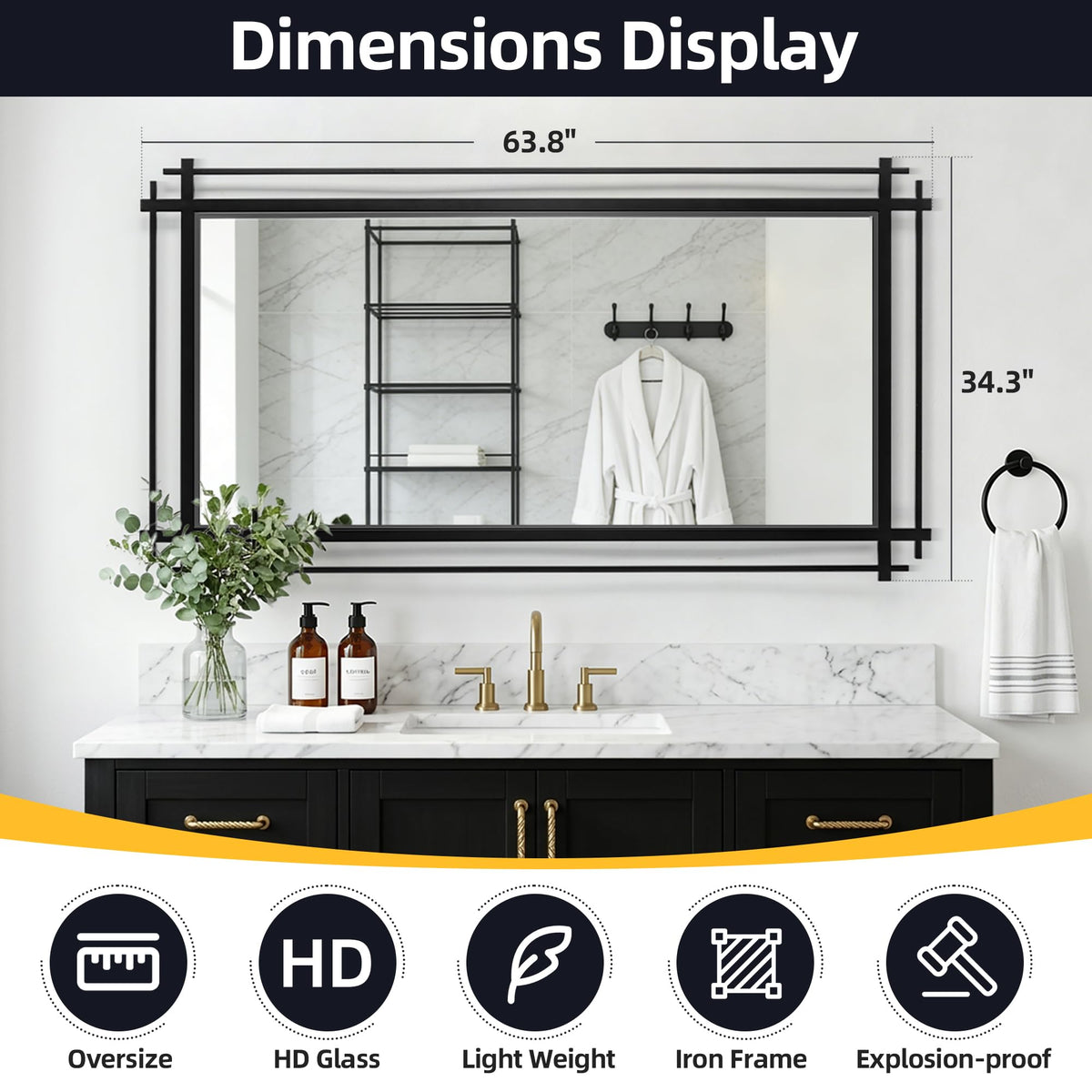 Autdot Black Full Length Mirror, 64''X34.2'' Modern Decorative Mirrors for Wall with Line Metal Frame, Large Wall Mirror for Living Room, Dining Room, Entryway