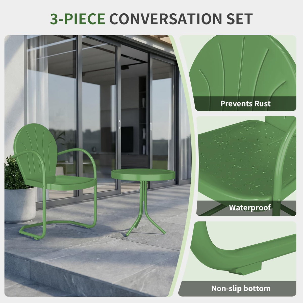 RICNOD Outdoor 3-Piece Metal Bistro Set, Patio Conversation Set of 2,Green
