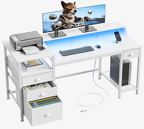 60" Computer Desk with LED Lights, Drawers & Charging Station