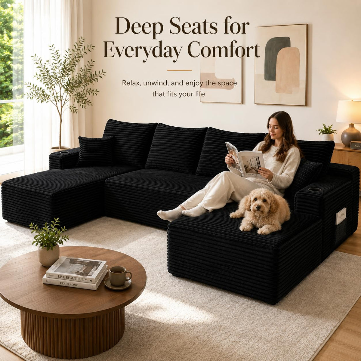 134" U-Shaped Boneless Couch,Modular Sectional Sofa with Foam Springs,Black