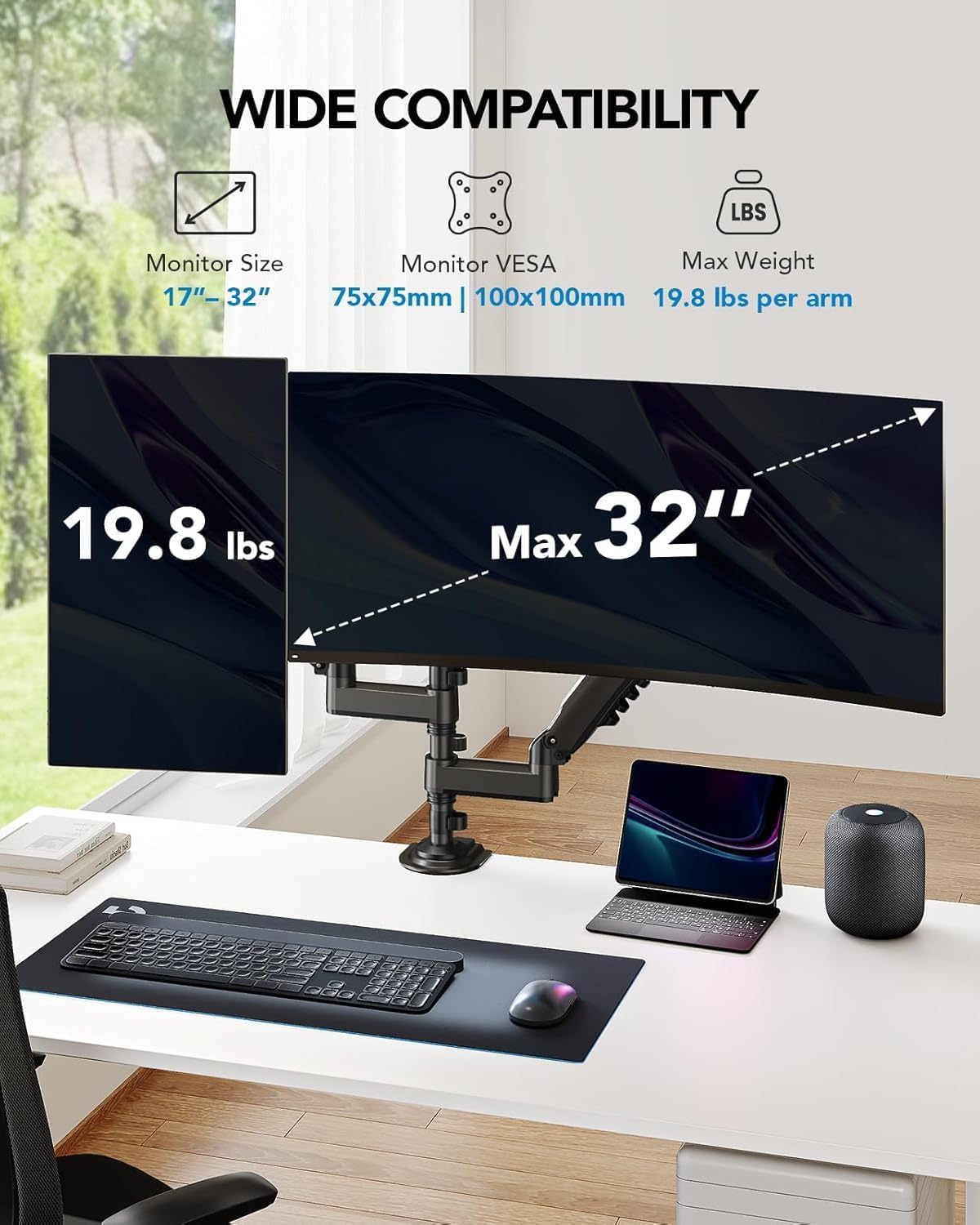 HUANUO 17-32 Inch Dual Monitor Stand, Stacked Monitor Mount, Monitor Arms for 2 Monitors, Ergonomic Adjustable Tilt/Swivel/Rotate, Weight Max 19.8 lbs, VESA 75/100mm