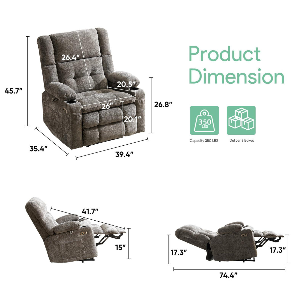 RUTOX Oversized Lift Chair for Elderly with Massage and Heat, Dual Motor Power Lift Recliner Chair with Arm Storage, Lay Flat Lift Recliner for Lving Room, Big Tall, Infinite Position, Grey