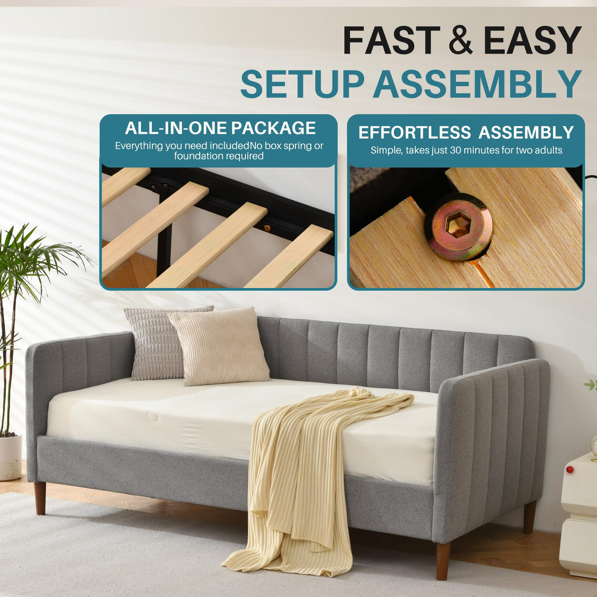 YUHUASHI Twin Size Upholstered Daybed with Wood Slat Support，Grey