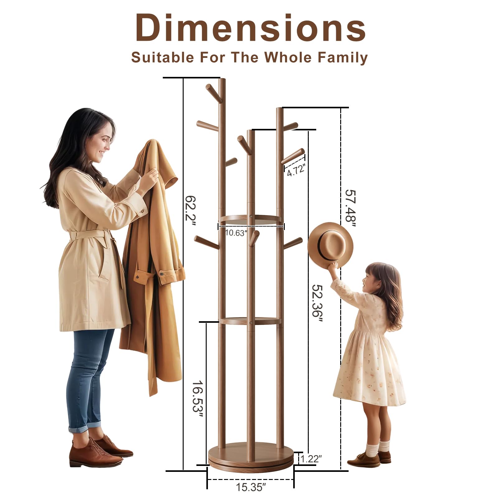 Rotating Freestanding Coat Rack with 3 Shelves & 9 Hooks