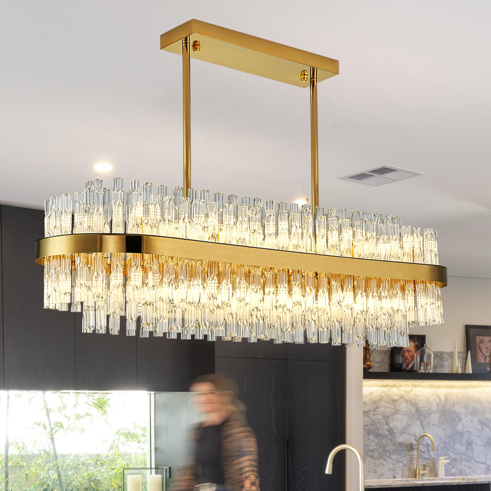 Siljoy Modern Crystal Chandelier 20 Lights Gold Rectangle 2 Tiers Raindrop Chandelier Luxury Adjustable Flush Mount Oval Pendant Ceiling Light Fixture for Dining Living Room Kitchen Island L40 Inch