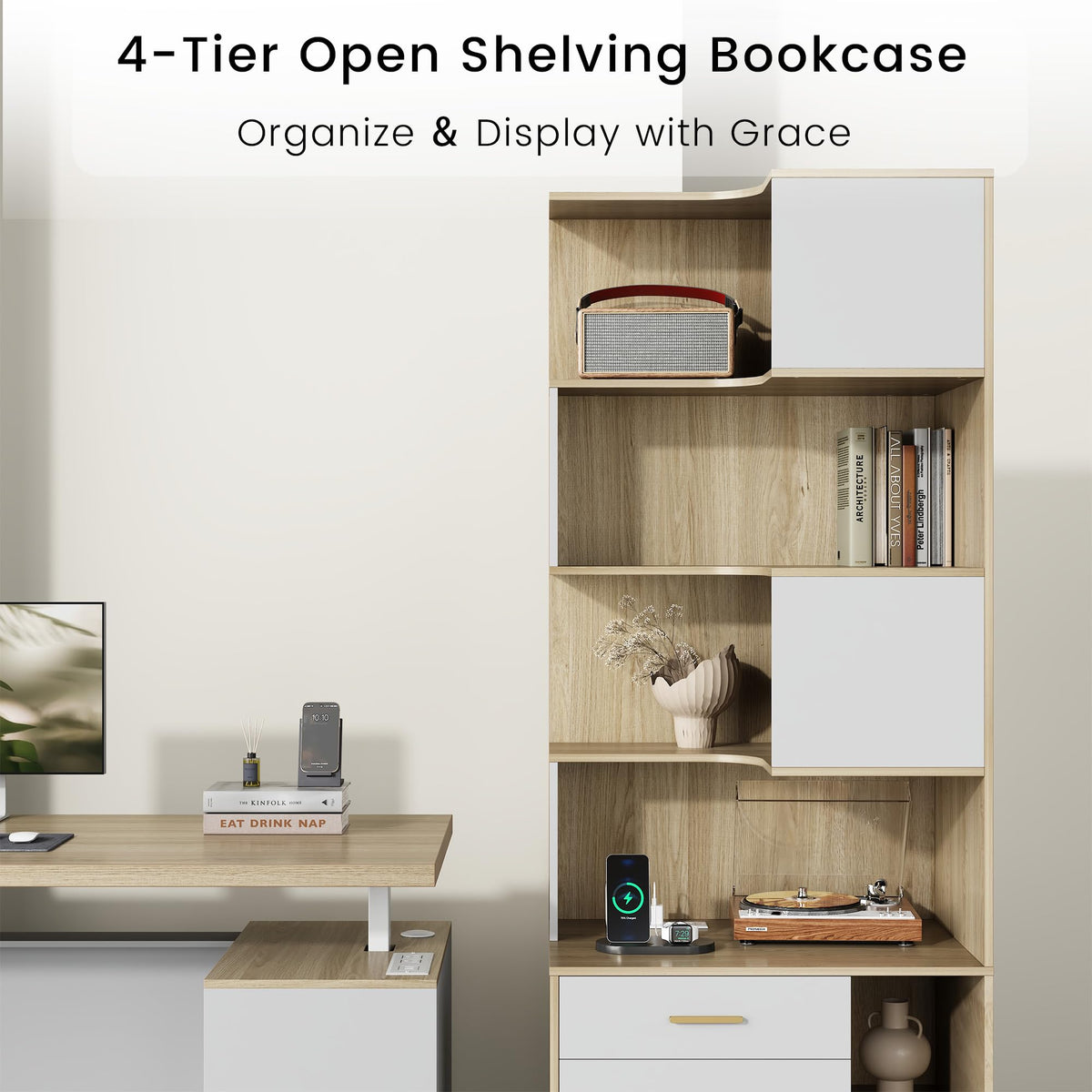 Corner Bookshelf with Drawers & Charging Ports