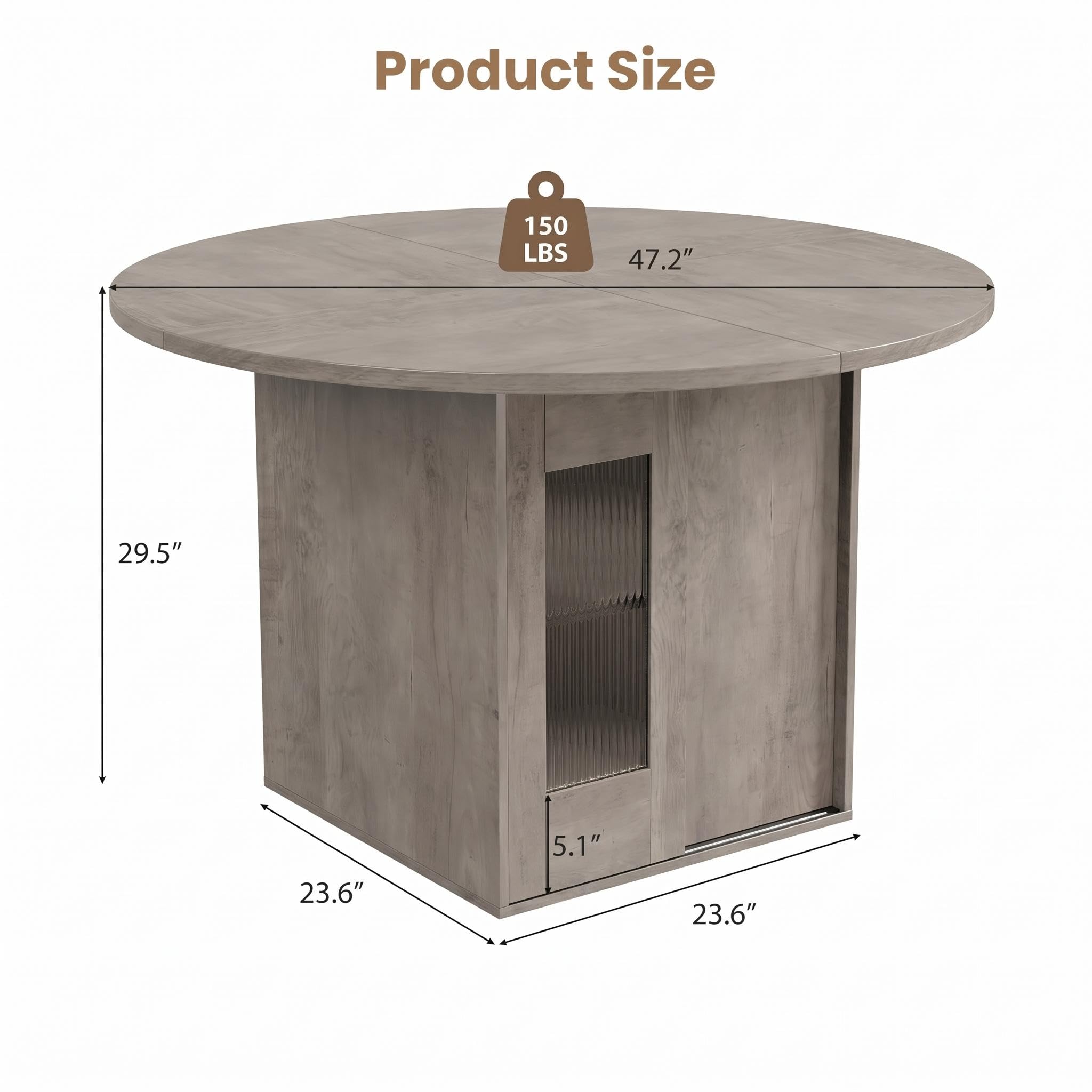 Garvee 47" Round Dining Table with Storage for 4-6, Farmhouse Wooden Circle Dining Table with Sliding Door & 2-Tier Shelf, Kitchen Dinner Table for Dining Room, Living Room, Kitchen, Grey