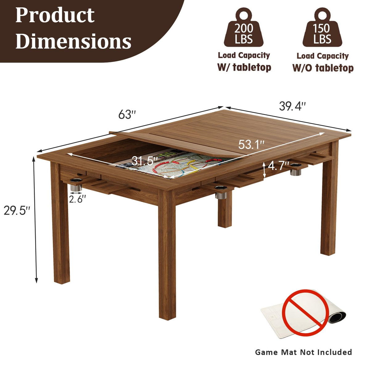 NDOHCUO Board Game Table with Removable Top,63" Dining/Gaming Table, Walnut