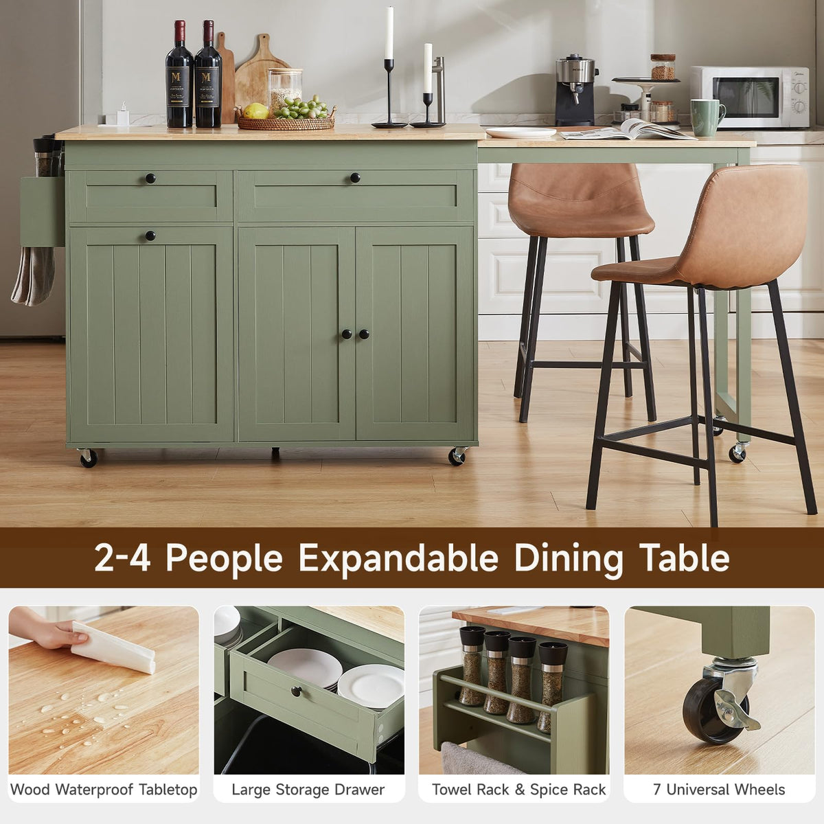 Kitchen Islands with Extendable Dining Table, Mobile Storage Islands, Green