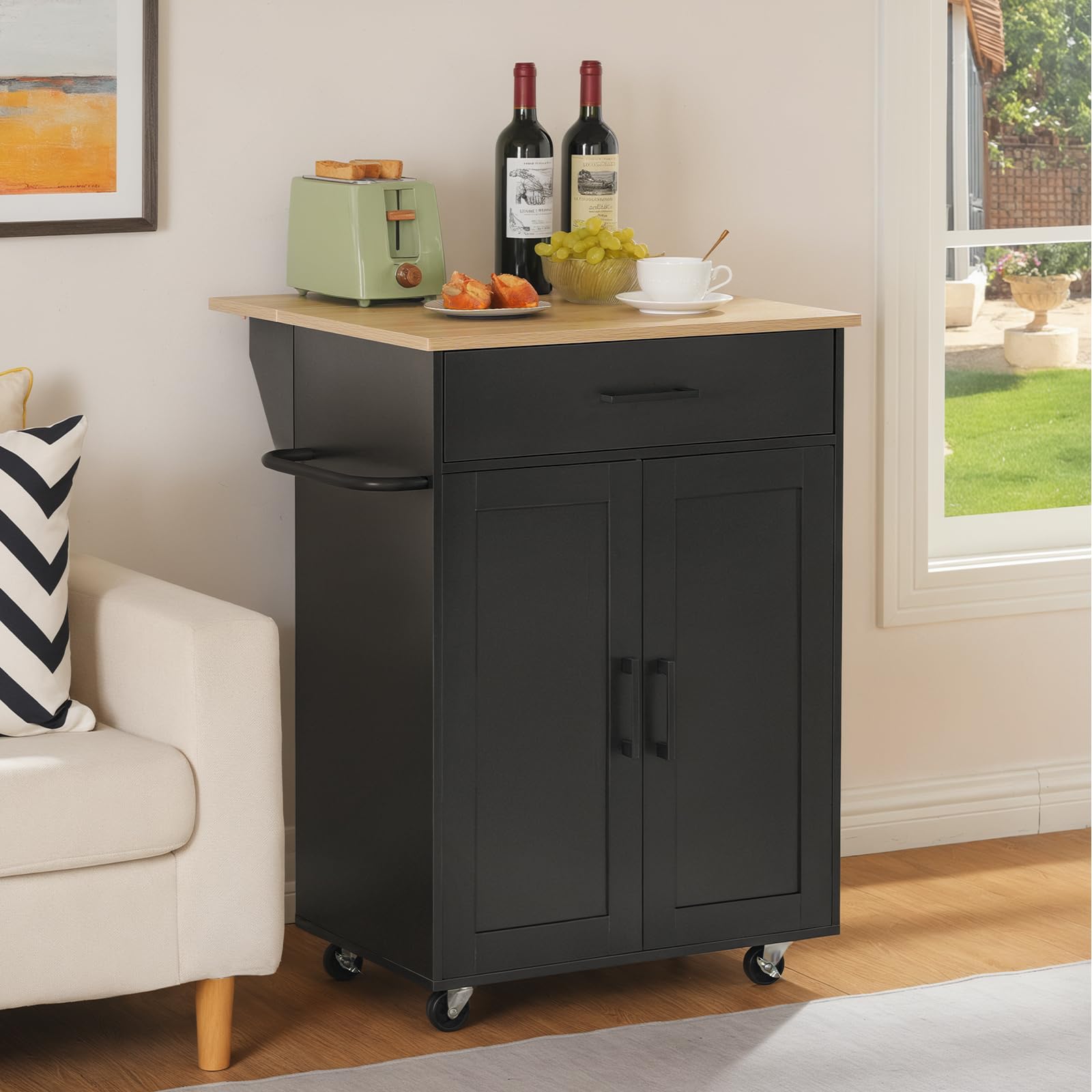 MAHANCRIS Kitchen Island on Wheels with Drop Leaf, Folding Countertop Kitchen Island Cart, Kitchen Islands Table with Towel Rack, Drawer, for Kitchen, Dining Room, Black and Natural KINB12501