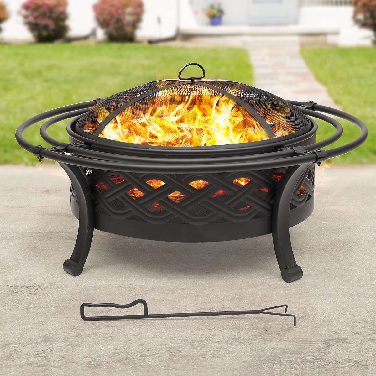 Panovue 36 Inch Outdoor Fire Pit with 2 Loops Spark Screen Black